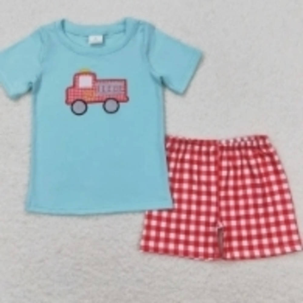 Kids Blue Truck T-Shirt and Red Checkered Shorts Set